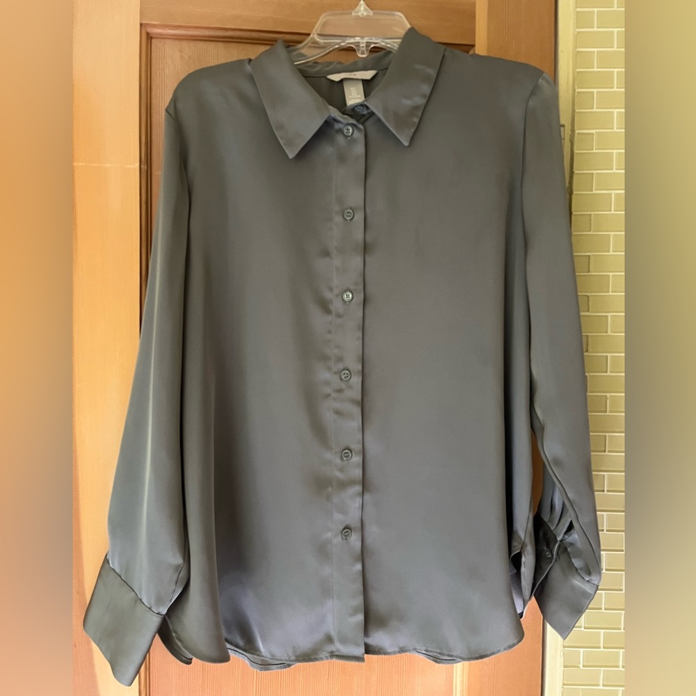 H&M Charcoal Gray, Silky, Button Down Blouse Size L